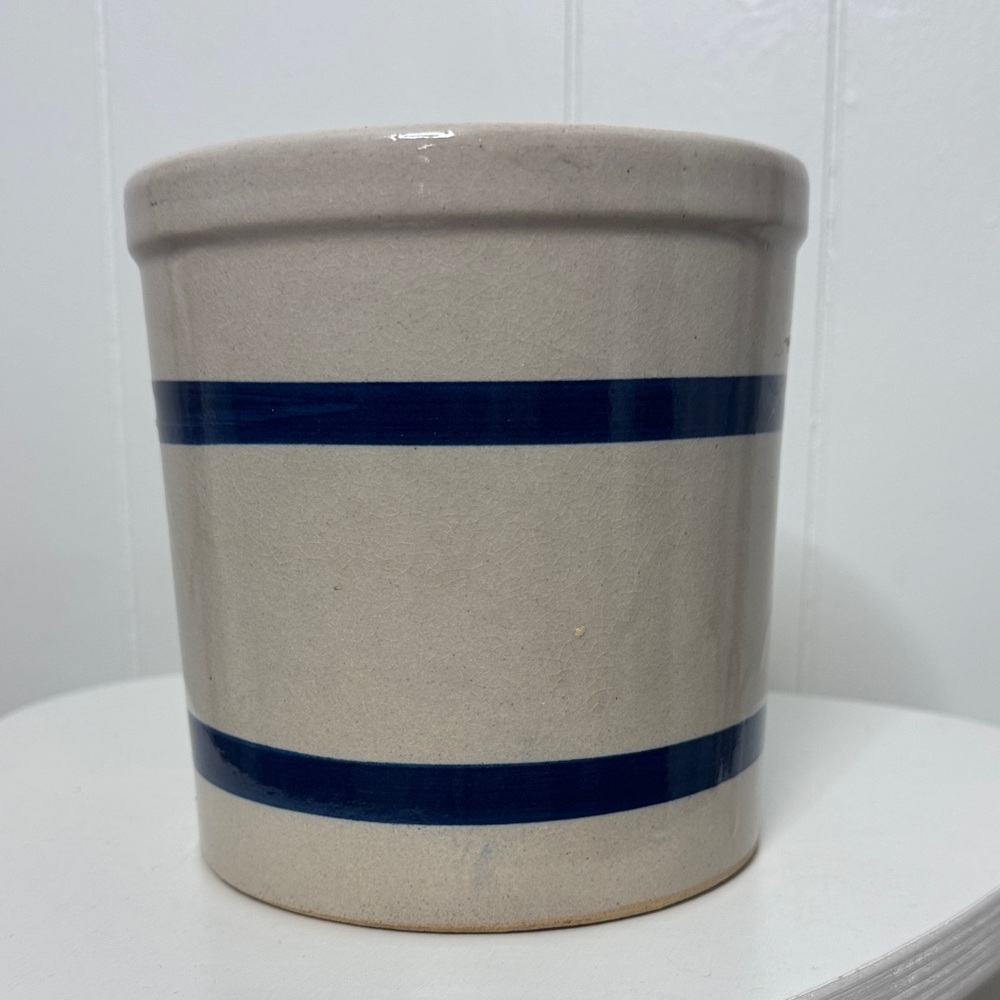 Roseville crock ceramic utensil holder blue stripe